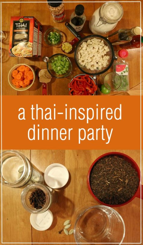 We Pretend To Be Cooks Thai-Inspired Dinner Party via Chrystina Noel Thai Food Dinner Party, Thailand Themed Party Ideas, Thai Dinner Party Menu Ideas, Thai Party Theme, Thai Decorations Party, Thai Themed Dinner Party, Thai Dinner Party Decorations, Thai Menu Ideas, Asian Inspired Dinner Party