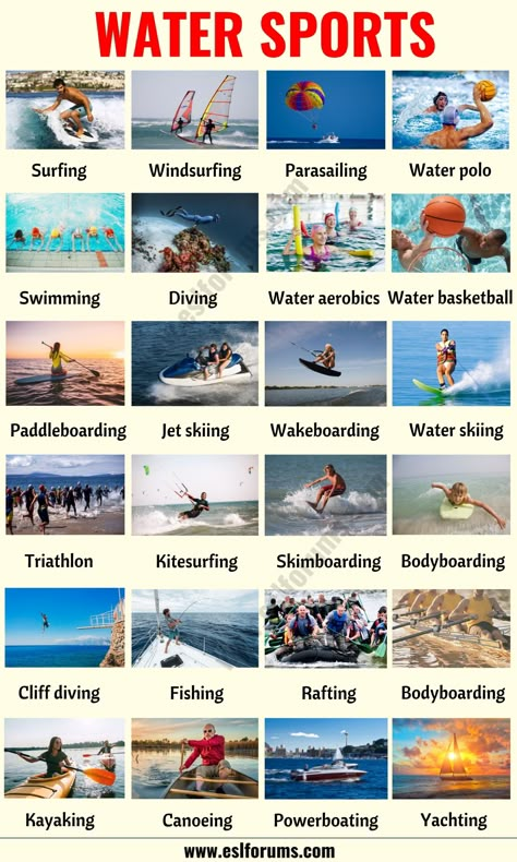 Water Sports | List of 30+ Incredibly Awesome Water Sports You Must Try! - ESL Forums Voculabary Words, Sports List, English Learning Spoken, English Vocab, Learn English Grammar, English Verbs, Interesting English Words, Good Vocabulary Words, Good Vocabulary