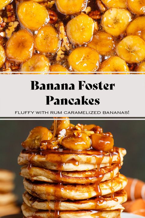 These Banana Foster Pancakes are extra fluffy, gluten-free, and topped with caramelized bananas with rum and pecans. The batter is made with buttermilk which makes it light, soft, and extra fluffy. Serve them for breakfast, brunch, or even dessert! Butter Rum Sauce, Banana Foster Pancakes, Banana Foster, Rum Sauce, Greek Yogurt Pancakes, Butter Rum, Fluffy Light, Caramelized Bananas, Bananas Foster