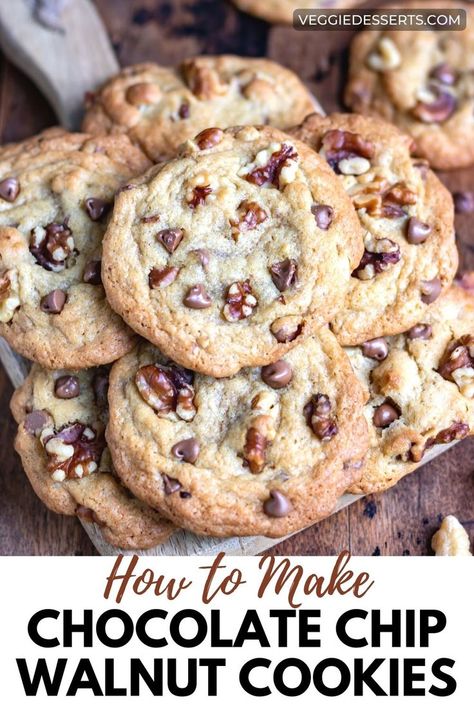 Stack of chocolate chip walnut cookies. Chocolate Chip Cookies With Walnuts Recipes Easy, Walnuts Cookies Recipe, Walnut And Chocolate Chip Cookies, Walnut Chocolate Chip Cookies, Chocolate Covered Walnuts Recipes, Chocolate Chip Cookies With Walnuts Recipes, Chocolate Walnut Cookies, Easy Walnut Cookies, Walnut Cookies Recipes Easy