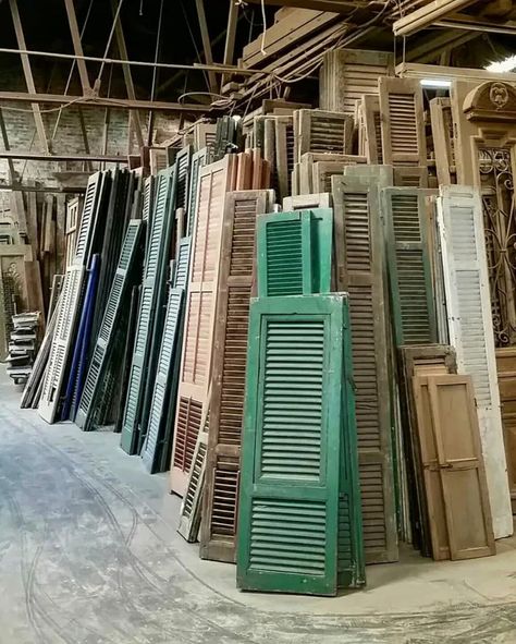 The Bank Antiques - Antique Doors, Antiques, Restoration Window Shutters Diy, Antique Shutters, Roller Shutter Door, Exterior Blinds, Antique Headboard, New Orleans Architecture, Window Shutters Exterior, Custom Shutters, Diy Shutters