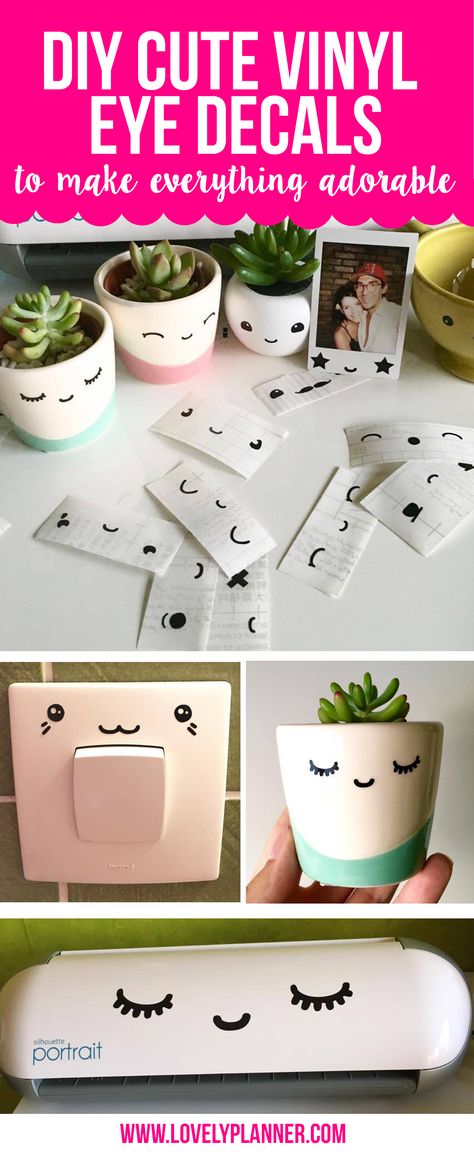 DIY cute eyes decals to make everything adorable Adhesive Vinyl Projects, Vinyle Cricut, Idee Cricut, Diy Projektit, Projets Cricut, Kawaii Diy, Maker Project, Cricut Projects Beginner, Cricut Craft Room