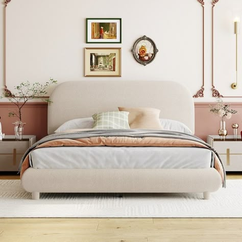 This beautiful Upholstered Platform Bed with with curve-shaped design on the headboard, footboard and side rails, adds a contemporary chic look to your bedroom and is upholstered in thick teddy fleece fabric to add extra comfort. Fabric Bed Frames, Full Size Upholstered Bed, Bed Board, Queen Upholstered Headboard, Apt Decor, Curved Headboard, Teddy Fleece, Beds And Headboards, Queen Bed Frame