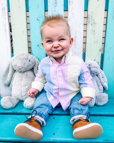 Toddler Boy Pictures, Boy Easter Outfit, Jean Joggers, Baby Boy Easter Outfit Infants, Baby Boy Easter, Boys Easter Outfit, Spring Stripes, Elastic Waist Jeans, Personalized Bunny