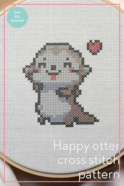 Happy Otter cross stitch pattern (free) - Craft with Cartwright Otter Cross Stitch, Happy Otter, Cross Stitch Pattern Free, Diy Giveaway, Stitching Patterns, Free Chart, Pixel Art Pattern, Embroidery Scissors, Sea Otter