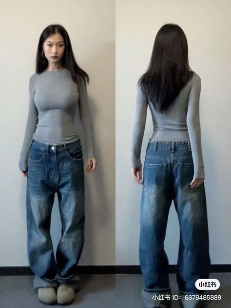 Midaxi Dress Outfit, Short Torso Long Legs Outfits, Blue And Grey Outfit, Dark Blue Baggy Jeans, Dark Blue Jeans Outfit, Outfits Back To School, Blue Baggy Jeans, Acubi Fashion, Image Swag