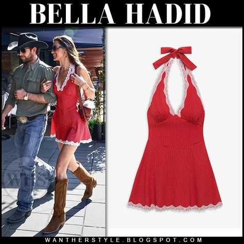 Bella Hadid in red polka dot mini dress with white lace trim frankies bikinis audrey and cowboy boots Dress With Brown Cowboy Boots, Blue Leather Skirt, Dress And Cowboy Boots, Polka Dot Mini Dress, Brown Cowboy Boots, Black Leather Mini Skirt, Red Polka Dot Dress, White Mini Dress Outfit, Bella Hadid Style