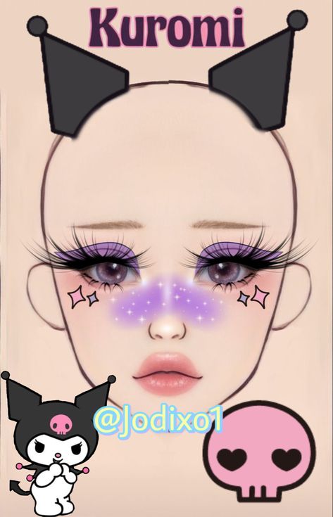 #kuromi #makeup #facechart How To Make Kuromi Ears, Cat Makeup Ideas Halloween, Makeup Ideas Cosplay, Kuromi Costume Ideas, Kuromi Inspired Makeup, My Melody Makeup Look, Sanrio Makeup Look, Hello Kitty Makeup Look, Kuromi Costume