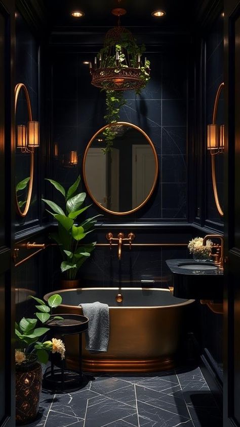 Create a Dark Moody Bathroom: Step-by-Step Guide Glam Boho Bathroom, Moody Bathroom Vanity, Moody Romantic Bathroom, Moody Bathroom Colors, Moody Master Bath, Black Half Bathroom, Dark Moody Bathroom, Goth Bathroom, Half Bathroom Design