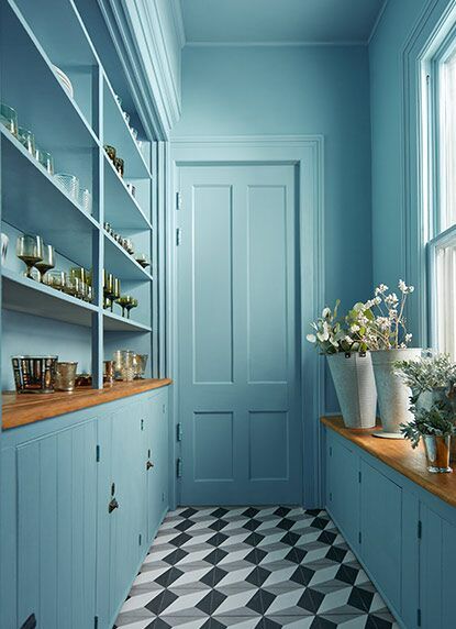 Painted Pantry, Trim Paint Color, Narrow Rooms, Tranquil Blue, Blue Ceilings, Colored Ceiling, Kitchen Ceiling, Butler's Pantry, Chic Interior