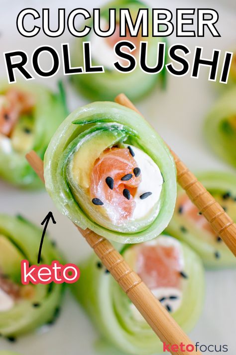 Chopsticks holding a cucumber wrapped sushi roll with salmon and cream cheese inside. Seaweed Veggie Wraps, Stuffed Cucumber Sushi, Low Carb California Roll, Cucumber Sushi Rolls Low Carb, Rice Free Sushi, Sushi Recipes Without Seaweed, Low Carb Sushi Wraps, No Rice Sushi Rolls, Low Carb Sushi Rolls