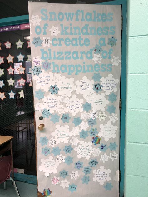 Snowflakes of kindness create a blizzard of happiness! (Students, parents and I all wrote kind messages on each snowflake:) Winter Kindness Door Decorations, Snowflake Classroom Decorations, Snowflake Classroom Door Ideas, Winter Kindness Bulletin Board Ideas, January Class Door Ideas, Snowflake Door Decorations For School, Snow Flake Bulletin Board Ideas, Winter Kindness Bulletin Board, Snowflake Classroom Door