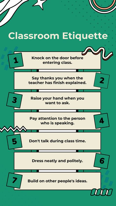 Mastering Etiquette: A Guide for the Classroom" Classroom Manners, Classroom Rules Display, Classroom Etiquette, Christian Banner, Manners Chart, English Classroom Posters, Etiquette Classes, Learning Vocabulary, Manners For Kids