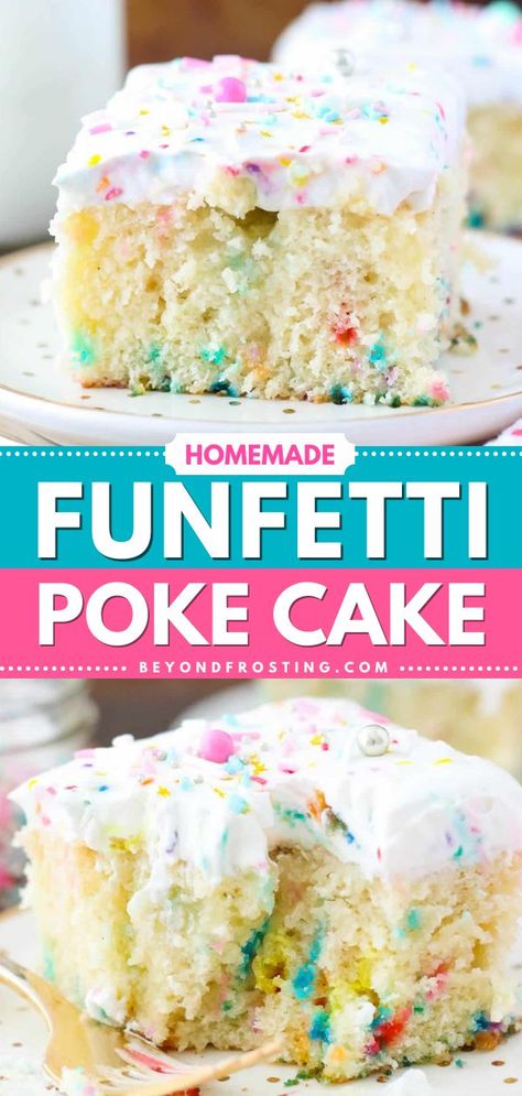 A simple dessert for birthdays! Not only is this Homemade Funfetti Poke Cake moist and loaded with colorful sprinkles, but it is also soaked in vanilla pudding and topped with cake batter whipped cream. Pin this delicious cake recipe for later! Funfetti Poke Cake, Moist Funfetti Cake, Funfetti Cake Mix Recipes, Easy Birthday Cake, Creamy Cake, Easy Puddings, Moist Vanilla Cake, Funfetti Cake Mix, Simple Dessert