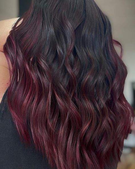 Cola Red Hair Color, Cherry Cola Hair Balayage, Cherry Coke Highlights On Black Hair, Cherry Red Peekaboo Hair, Cherry Coke Hair Color On Black Hair, Cherry Coke Highlights, Dark Hair With Cherry Cola Highlights, Hair Colour For Dusky Skin Tone, Cherry Cola Hair Color Balayage