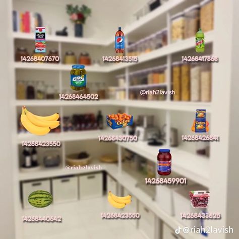 Bloxburg Grocery Decal Codes, Bloxburg Food Build Hacks, Pantry Organization Bloxburg, Bloxburg Market Ideas, Super Market Decals Bloxburg, Bloxburg Seasoning Decals, Pantry Codes Bloxburg, Stores In Bloxburg, Pantry Food Decals Bloxburg