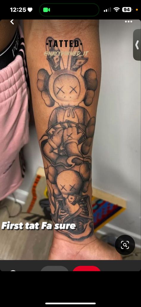 Skeleton Tattoos For Women Arm, Selve Tattoos For Women, Klaws Hypebeast Tattoo, Heat No Evil See No Evil Speak No Evil Tattoo, Cool Arm Tattoos For Women Half Sleeves, Quarter Leg Sleeve Tattoos For Women, Kaws Tattoo Ideas Leg, Kaws Forearm Tattoo, Cartoon Tattoos For Men Black