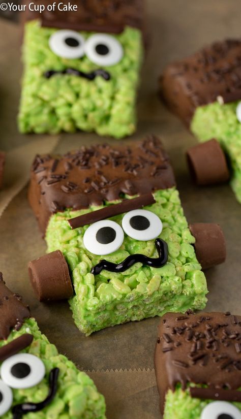 Frankenstein Rice Krispie Treats for Halloween - Your Cup of Cake Frankenstein Rice Krispie Treats, Cup Of Cake, Treats For Halloween, Halloween Rice Krispie Treats, Spooky Halloween Desserts, Halloween School Treats, Halloween Food Appetizers, Fun Halloween Treats, Chocolate Melting Wafers