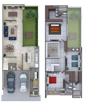 Narrow House Designs, Tiny House Layout, House Floor Design, House Construction Plan, Model House Plan, House Layout Plans, Small House Design Plans, Minimalist House Design, Bungalow House Design