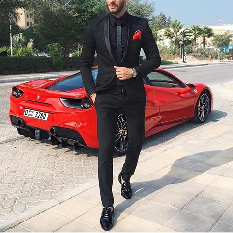 Black suit and Red #Ferrari - perfect combo by @sambenzema [ www.RoyalFashionist.com ] Wedding Dress Man, Guys Prom Outfit, Red Prom Suit, Black Prom Suits, Prom Outfits For Guys, Wedding Suits Men Black, Prom Tux, Dress Man, Prom Dinner