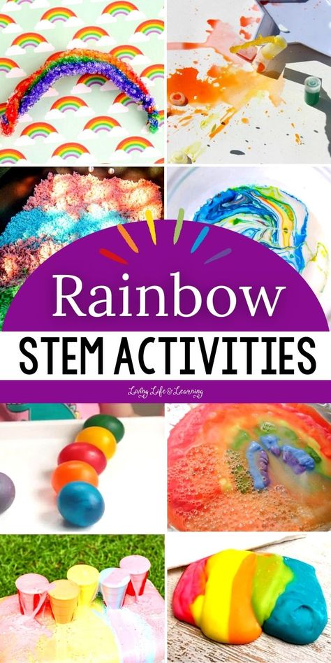 Rainbows are beautiful and mysterious, and they can be a great way to get kids excited about science. These rainbow STEM activities will have kids learning in no time. Add these activities to your list of homeschool spring science lessons or fun rainbow activities for kids. Rainbow Classroom Activities, Colorful Stem Activities, March Stem Activities For Kids, Rainbow Activities Preschool Science, Rainbow Experiments For Kids, Rainbow Science Preschool, Rainbow Stem Activities, Rainbow Science Activities, Rainbow Stem Preschool