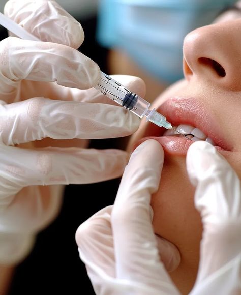 The image shows a woman having a cosmetic procedure done on her lips. She is sitting in a reclined position with her head tilted back ->> more details in ai-img-gen.com Botox Inspiration, Lip Filler Injection, Beauty Post Ideas, Head Tilted Back, Filler Injection, Posts Ideas, Or Nurse, Injectables Fillers, Lip Filler