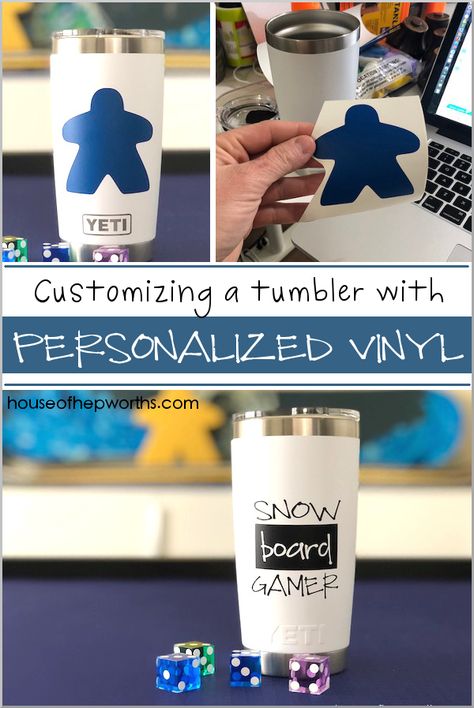 Personalize a YETI tumbler with custom vinyl from a Silhouette or Cricut. Tutorial at www.houseofhepworths.com Vinyl On Yeti Tumblers Diy, Board Game Room, Vinyl House, Powder Coated Tumblers, Yeti Tumbler, Design Logos, Bee Crafts, Custom Tumbler, Taking A Break