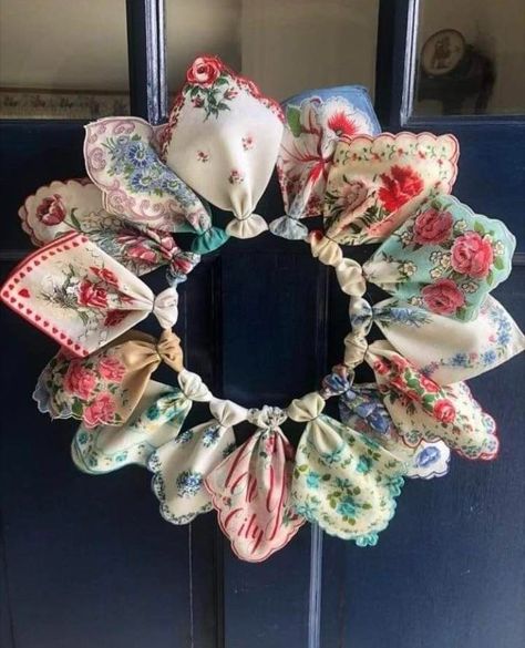 Handkerchief Wreath, Vintage Handkerchiefs Crafts, Handkerchief Crafts, Easy Diy Wreaths, Vintage Handkerchiefs, Vintage Crafts, Wreath Crafts, Wreath Decor, Cute Crafts