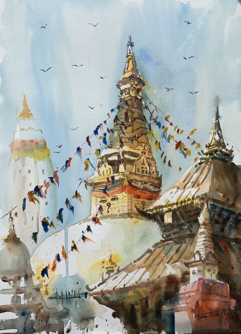 Nepal Art Painting, Nepal Painting, Nepal Architecture, Watercolor Temple, Nepali Art, Temple Drawing, Monte Everest, Nepal Art, Composition Painting