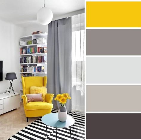 Grey White And Yellow Living Room, Living Room Design Yellow, Gray And Yellow Living Room, Grey And Yellow Living Room, Bedroom Color Combination, Grey Interior Design, Exterior House Paint Color Combinations, Yellow Living Room, Living Room Color Schemes