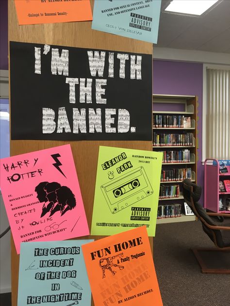 I'm with the banned, banned book library display! Perfect for banned book week or Libraries Rock Summer Reading in 2018! Book band posters. Summer Library Displays, Banned Books Week Activities, New Books Display, Banned Books Display, Banned Books Week Display, Banned Book Week, Library Signage, Books Display, Library Programming