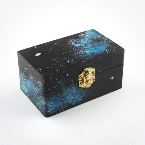 small wooden box with nebulae and ringed planet Stash Box Painting Ideas, Box Painting Ideas, Ringed Planet, Blue Nebula, Box Painting, Hand Painted Wooden Box, Planet Box, Galaxy Universe, Paintings Ideas