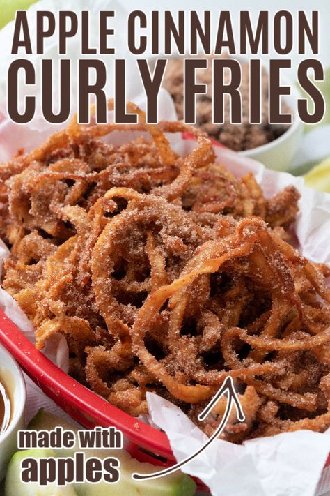 Apple Cinnamon Curly Fries are a fun new fall recipe everyone will go crazy for! Dip them in caramel for an easy but indulgent treat! Spiralized Apple Recipes, New Fall Recipes, Apple Pie Fries Recipe, Apple Bark Recipe, Air Fryer Apple Fries, Fried Apples Recipe, Apple Fries, Fall Recipes Appetizers, Love Bakes Good Cakes