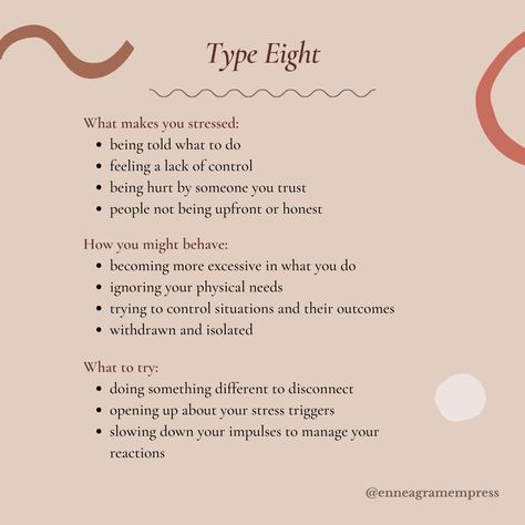 Stress! A f̶u̶n̶ much-needed topic ahead of the holidays, right? ⁣ This is a quick look at how stress presents itself in each of the types. Knowing your triggers is key to helping you understanding and manage your reactions so you can build resilience skills and move forward in a healthy way. Type 8 Enneagram, 8 Enneagram, Enneagram Two, 2 Enneagram, Enneagram Type 8, Enneagram 8, Enneagram Type 2, Enneagram Test, Myers Briggs Personality Test