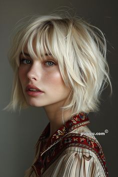 Razored Bob With Bangs, Blonde Short Haircuts For Women, Debbie Harry Hair Bob, Short Blonde Bob With Bangs Fine Hair, Shaggy Chin Length Bob Hairstyles, Short Blonde Hairstyles With Bangs, Bob With Bangs Straight Hair, Winter Blonde Hair Short, Short Layers With Bangs