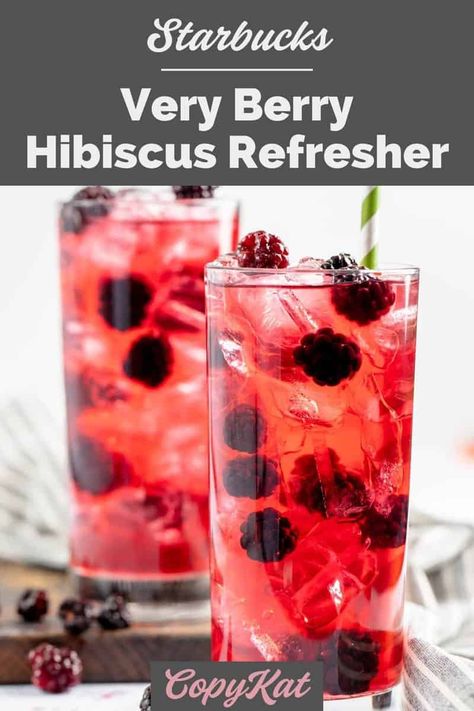 Save money and find out how to make your own Starbucks Very Berry Hibiscus Refresher at home with this easy copycat recipe. Enjoy a refreshing hibiscus iced tea drink with blackberry juice and blackberries. Blackberry Agua Fresca, Hibiscus Starbucks Drink, Starbucks Hibiscus Refresher Recipe, Starbucks Very Berry Hibiscus Recipe, Iced Hibiscus Tea Recipe, At Home Starbucks Drinks Refreshers, Berry Hibiscus Starbucks, Starbucks Very Berry Hibiscus, Starbucks Refreshers Recipe