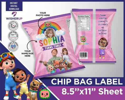 Custom Cocomelon Chip Bag Template, Kids Birthday chip bag, Template Printable, kids Editable labels, printable wrappers, Cocomelon Girl Cocomelon Chip Bags, Cocomelon Girl, Chip Bag Template, Cocomelon Birthday, Bag Template, Capri Sun, Gable Boxes, Chip Bags, Birthday Printables