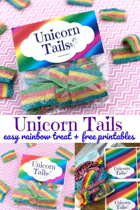 Unicorn Tails Easy Rainbow Treat + Printable Bag Toppers #diy #unicorn #rainbow #mamacheaps https://www.mamacheaps.com/unicorn-tails-easy-rainbow-treat-printable/ Unicorn Treat Bags, Unicorn Party Favors Treat Bags, Unicorn Theme Food, Unicorn Treat Table, Unicorn Snacks For Party, Unicorn Birthday Party Games, Unicorn Birthday Party Favors, Diy Unicorn Birthday Party, Care Bears Birthday Party