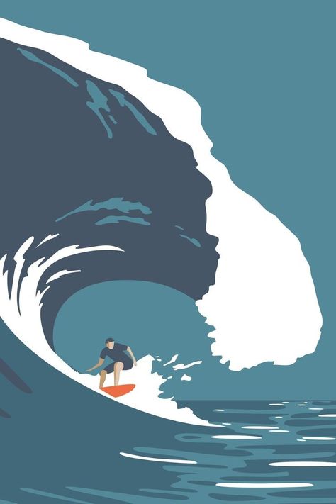 Surfer Graphic Design, Anime Surfing, Surfing Drawing, Surfing Illustration, Wave Barrel, Surf Illustration, Surf Drawing, Surf Artwork, Retro Surf Art