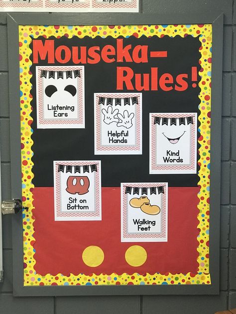 Mickey Mouse Theme Classroom Decorations, Mickey Mouse Clubhouse Bulletin Board, Mickey Mouse Daycare Theme, Class Birthday Board Disney, Mickey Bulletin Board, Disney Themed Daycare Room, Disney Classroom Rules, Disney Inspired Bulletin Boards, Mickey Mouse Classroom Decorations