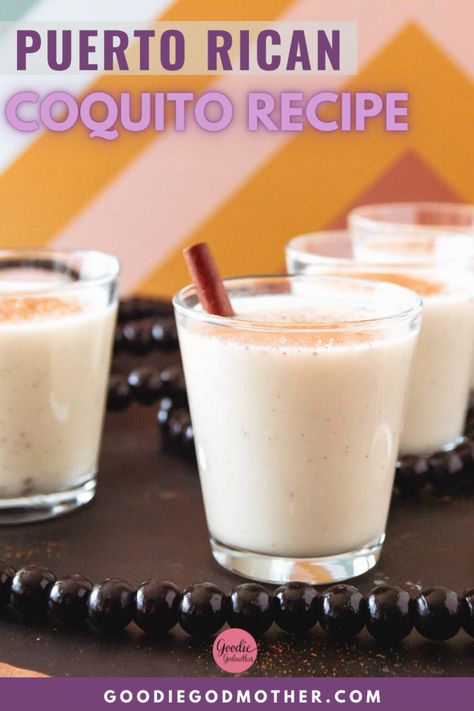 For a festive holiday cocktail with tropical flair, look no further than this Puerto Rican Coquito recipe! This coconut milk eggnog contains no raw egg. You can easily adapt the recipe for the whole family to enjoy! Coquito Recipe Puerto Rican Authentic, Coquito Recipe No Eggs, Puerto Rican Eggnog Recipe, Coconut Eggnog Recipe, Puerto Rican Coquito Recipe, Puerto Rican Coquito, Coconut Eggnog, Coquito Recipe, Festive Holiday Cocktails