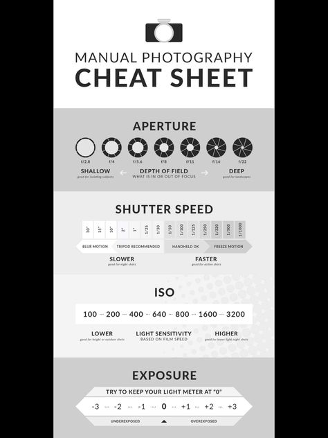 Camera Setting Cheat Sheet Camera Settings Cheat Sheet, Manual Photography, Photography Cheat Sheets, Light Sensitivity, Light Meter, Photography 101, Out Of Focus, Camera Settings, Depth Of Field