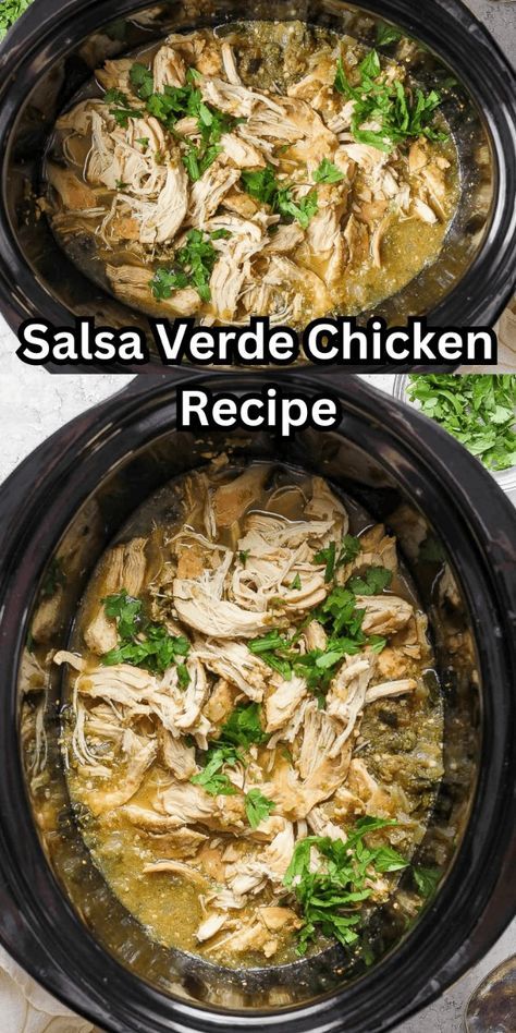 Spice up your meals with our Salsa Verde Recipe Chicken! Perfect for enchiladas or a simple main dish, this recipe is versatile and easy. Whether you're using a crockpot, instant pot, or slow cooker, this chicken with salsa verde recipe delivers delicious results every time. Save this pin for an effortless and tasty slow cooker salsa verde chicken recipe that will become a family favorite! Salsa Verde Chicken Bake, Salsa Verde Recipe Chicken, Chicken Verde Crockpot, Slow Cooker Chicken Verde, Chicken With Salsa Verde, Crockpot Dairy Free, Chicken With Salsa, Salsa Verde Chicken Tacos, Salsa Verde Chicken Crockpot