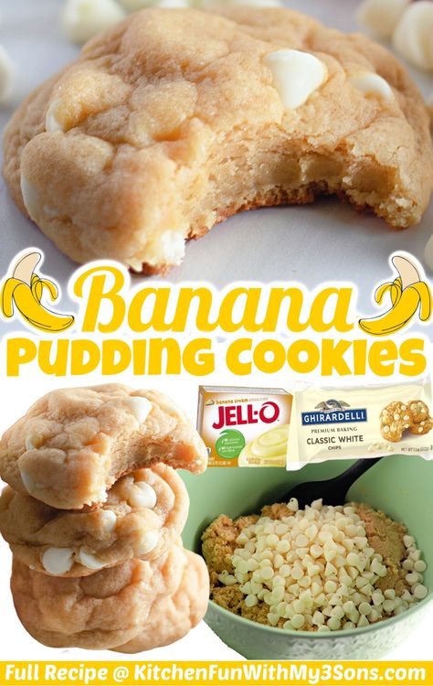 Cookies With White Chocolate Chips, Banana Pudding Cookies, Cookies With White Chocolate, Homemade Banana Pudding, Pudding Cookies, Banana Cookies, Banana Recipes, A Banana, Easy Baking Recipes