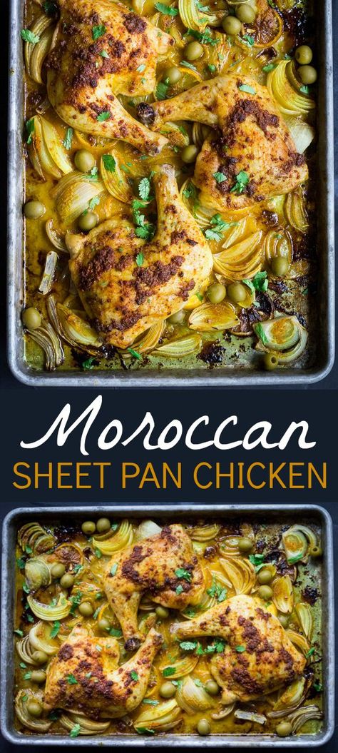 Enjoy the flavors of Morocco with richly spiced chicken, savory onions, and tangy olives. Using just one small bowl and a baking sheet, this Moroccan Sheet Pan Chicken is just as easy to clean up as it is to prepare! Bangbang Shrimp, Sheet Pan Chicken Recipe, Sheet Pan Meals Chicken, Pan Chicken Recipes, Spiced Chicken, Diy Easy Recipes, Poultry Dishes, Sheet Pan Suppers, Sheet Pan Chicken