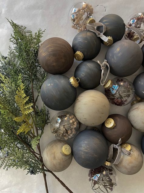 Aged Christmas Ornaments, Restoration Hardware Holiday Decor, Chalk Painted Christmas Ornaments, Matte Green Christmas Ornaments, Pewter Christmas Tree Decorations, How To Recycle Old Ornaments, Recycle Old Ornaments, Diy Brown Ornaments, Diy Neutral Ornaments