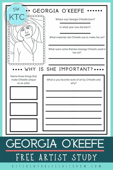 Artist Study Worksheet Free Printable, Georgia Okeefe Art Project, Georgia Okeefe Art For Kids, Georgia O'keefe Art, Georgia O Keefe, Art Critique, Art Handouts, Morning Basket, Kindergarten Songs