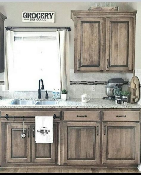 Stain Color For Kitchen Cabinets, Rustic Kitchen Colors Schemes, Gunsmoke Kitchen Cabinets, Rustic Kitchen Cabinet Colors, Rustic Barndominium Interior, Farmhouse Kitchen Cabinet Colors, Distressed Kitchen Cabinets, Painted Kitchens, Distressed Cabinets