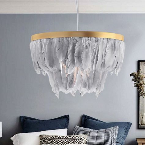 Stylish Dreamy Feather Pendant Light Round Gold Metal Band 1-Light Pendant Light in Grey Hanging Canopy, Circle Chandelier, Feather Chandelier, Pendant Light Kit, Round Pendant Light, Dining Room Blue, Rustic Materials, Blue And White Style, Hanging Light Fixtures