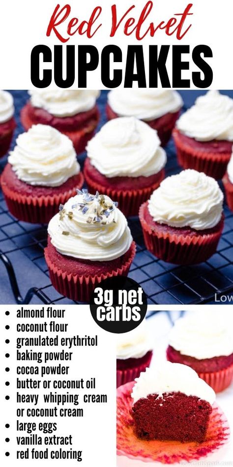 red velvet cupcakes on a black background and a section of red velvet keto cupcakes Low Carb Red Velvet Cupcakes, Keto Red Velvet Cupcake, Healthy Red Velvet Cupcakes, Keto Cupcakes Almond Flour, Sugar Free Red Velvet Cake Recipe, Almond Flour Cupcakes, Sugar Free Frosting Recipe, Gluten Free Red Velvet Cupcakes, Sugar Free Cupcakes